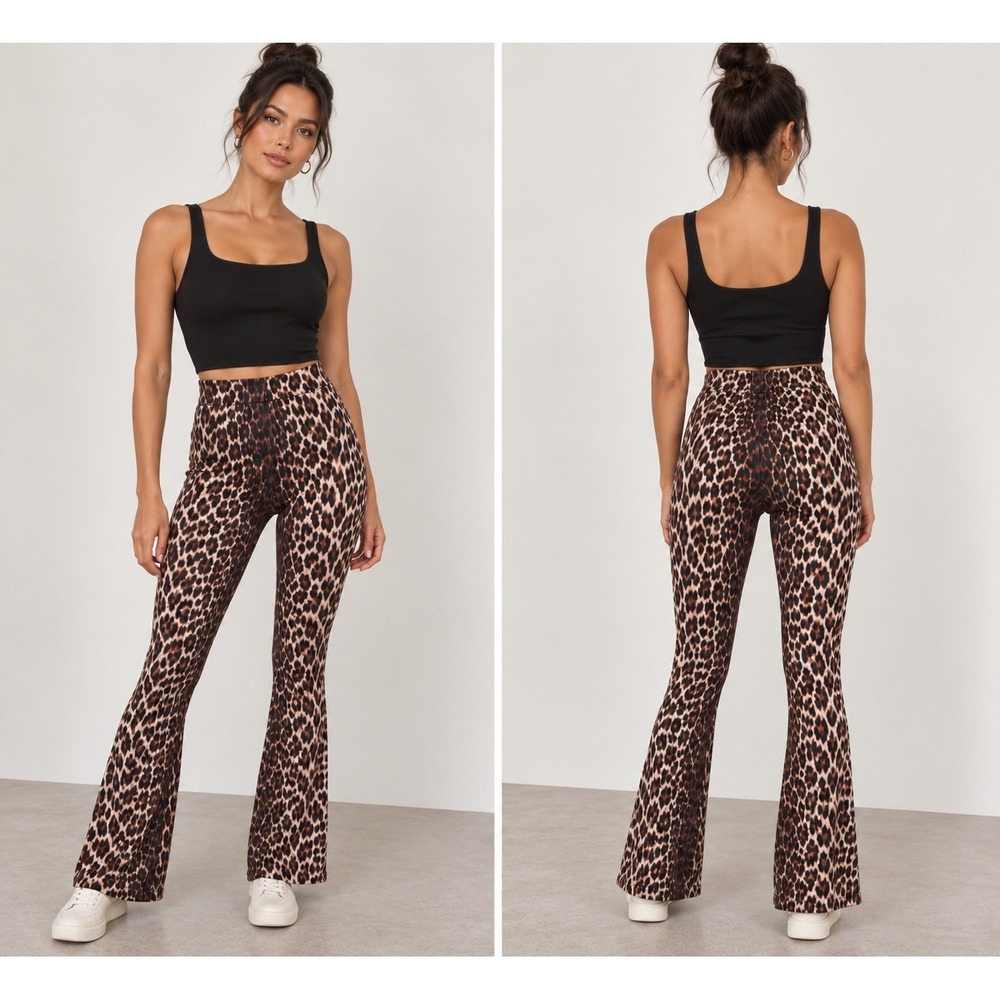 OH APRIL Leo Cherrywood Leopard Print Flare Pants High Waisted XS New